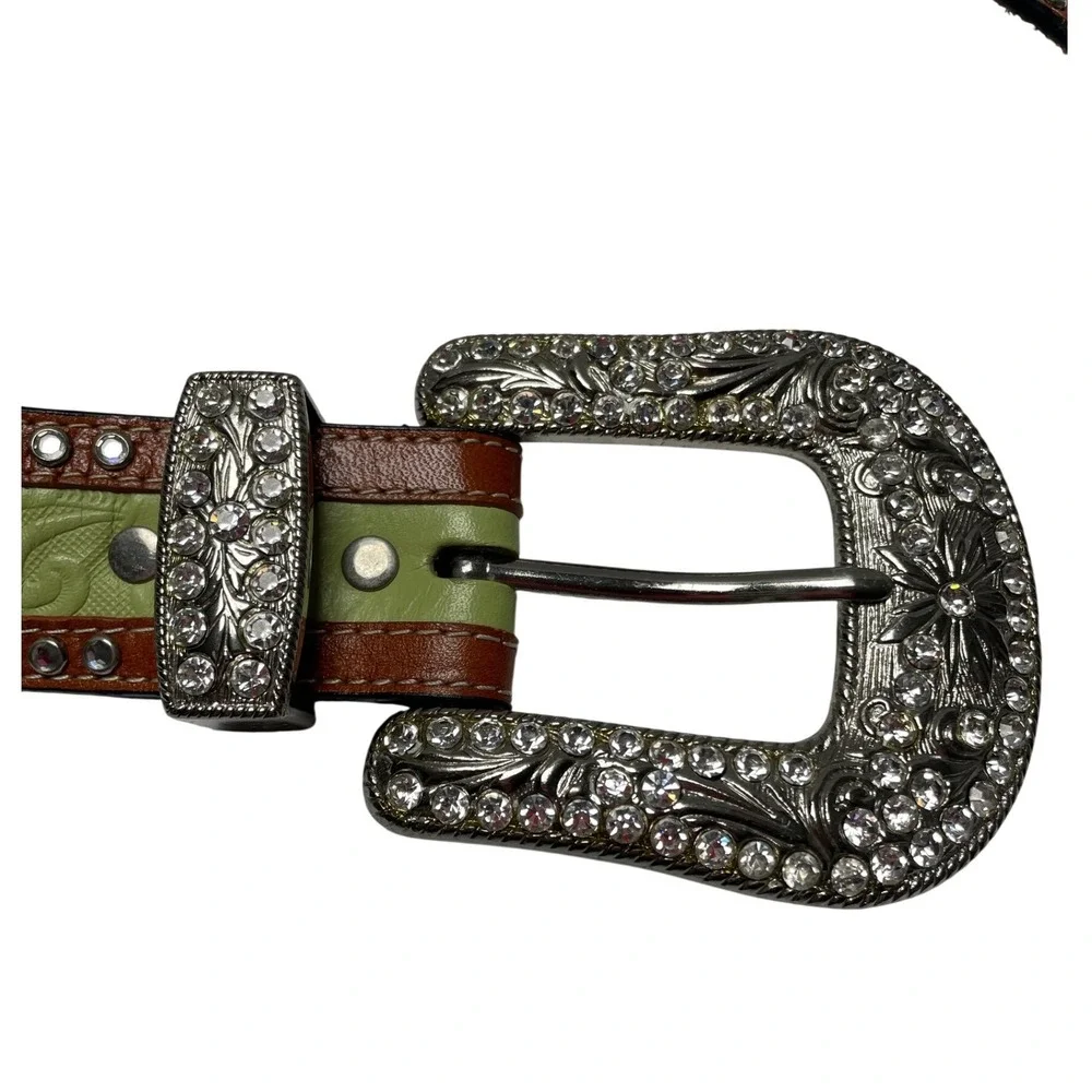 3D Belt Company Lime/Brown Geunine Leather Rhinestone Westen Belt Girls Youth L